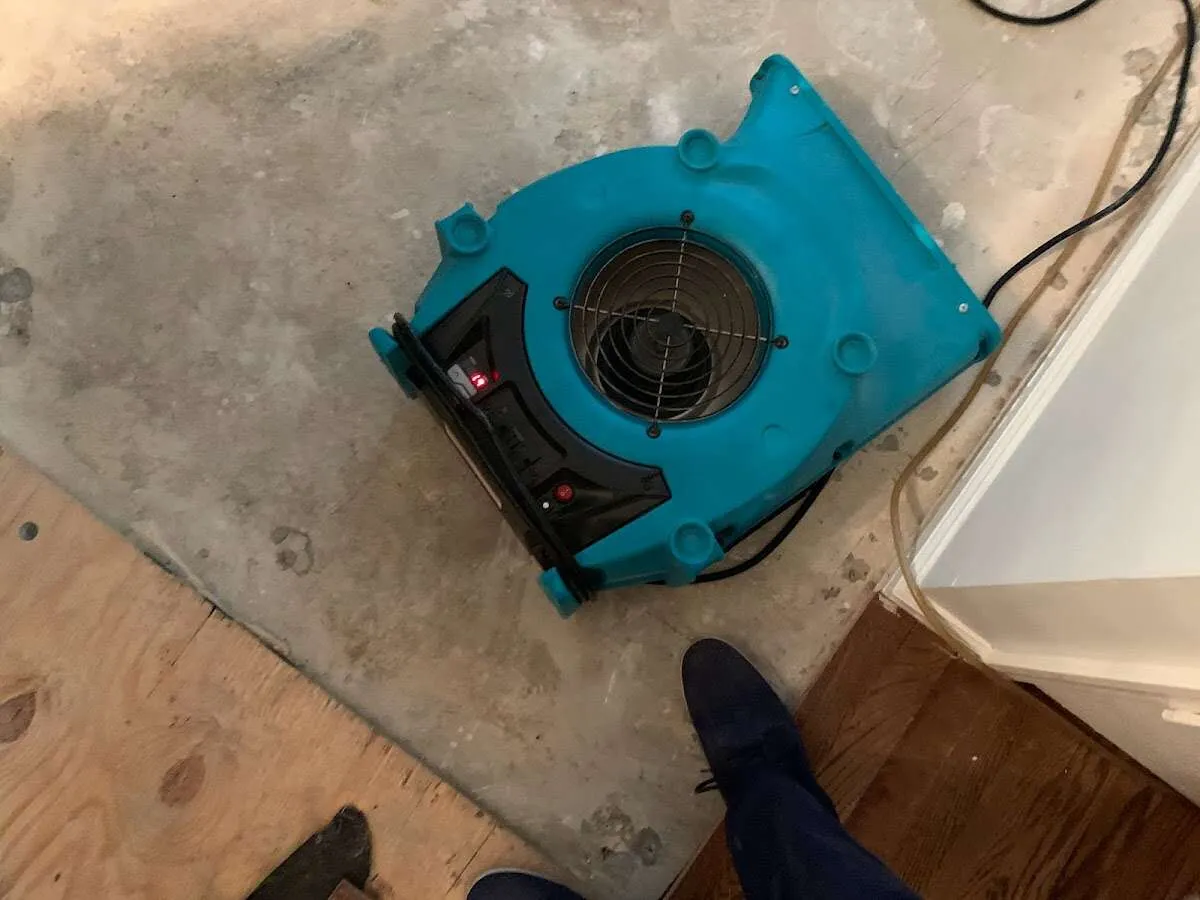 Air mover drying subfloor during Leak Detection & Repair in Juneau